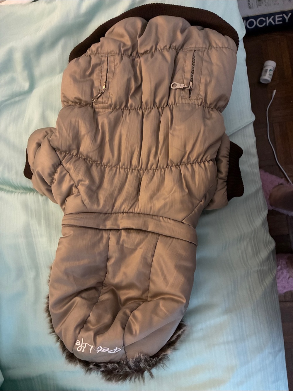 Pet Life Tan Puffer Dog Coat with Faux Fur Trim. MEDIUM